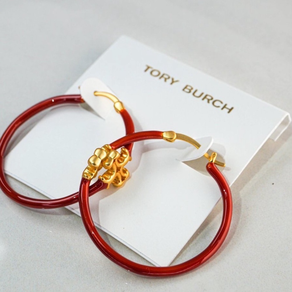 18K Gold plated Kira Tory Burch Red and Gold Hoop Earrings - Picture 5 of 7
